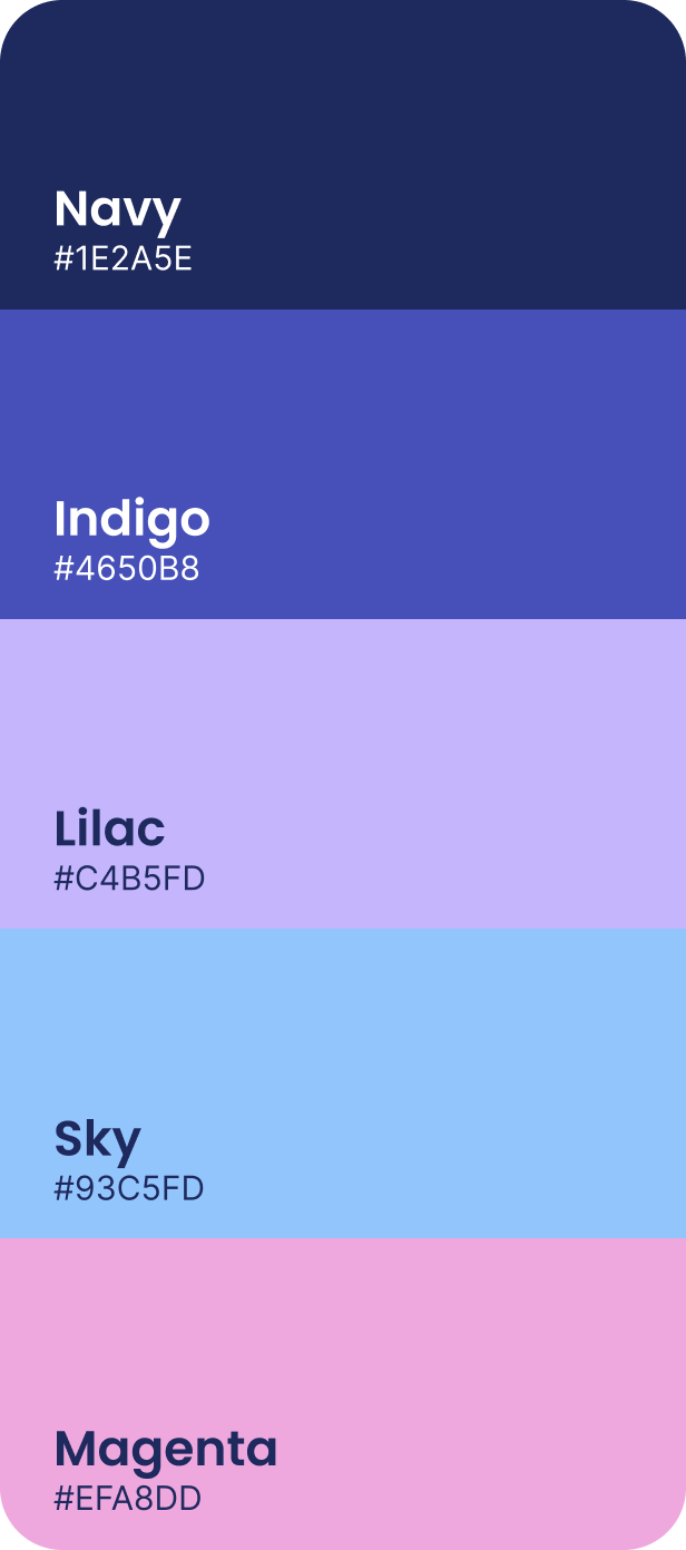 The brand colours: navy, indigo, lilac, sky and magenta