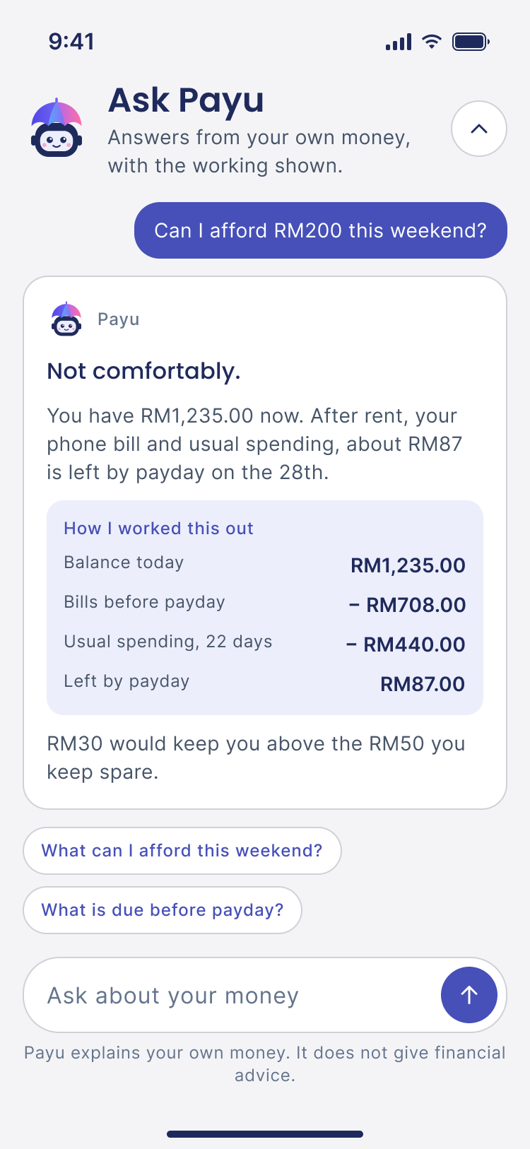 Ask Payu answering whether RM200 is comfortable this weekend, with the working shown.