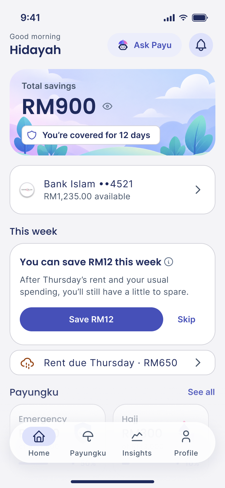 Home. Total savings RM900, covered for 12 days, and one card: You can save RM12 this week.