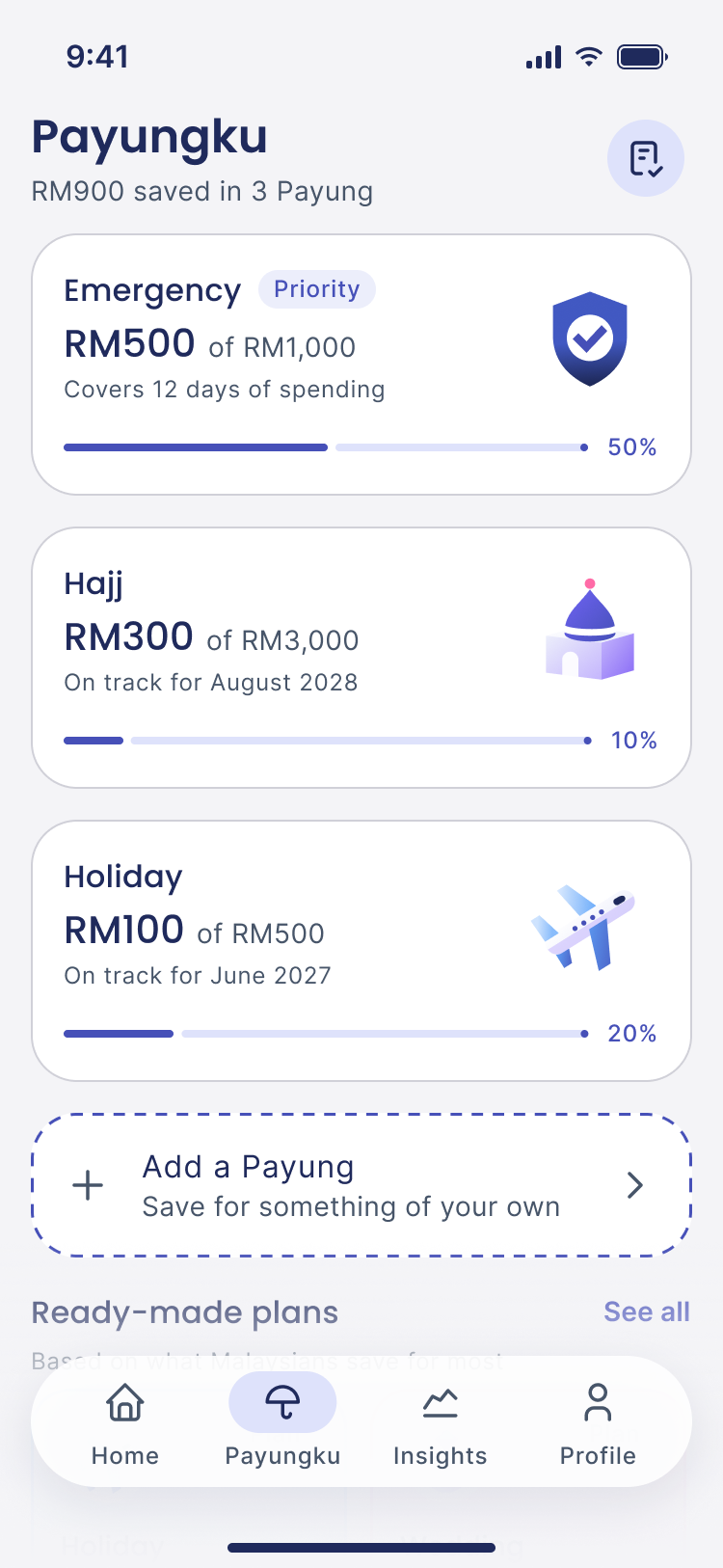 The Payungku tab, listing Emergency, Hajj and Holiday, then ready-made plans.