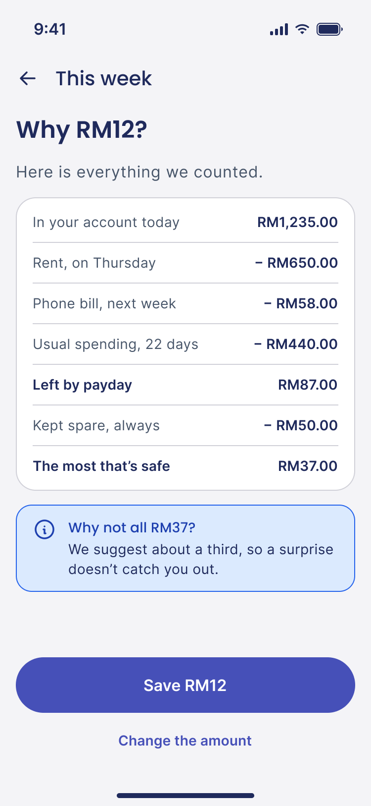 Why RM12? The balance, rent, phone bill and usual spending, taken away line by line.